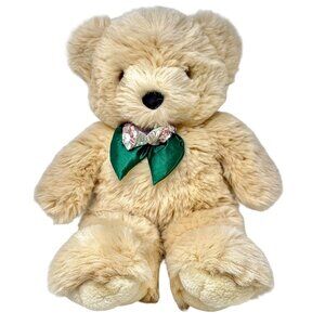 Vintage Plush Teddy Bear Beige With Puffy‎ Green & Floral Bow Tie Unbranded  18"